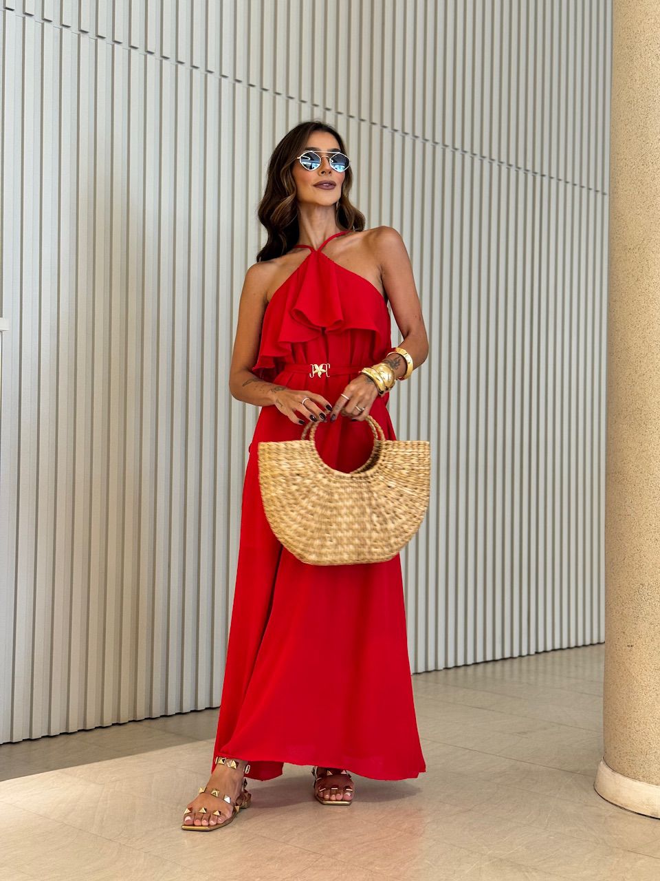 VESTIDO CELINE BABADO LONGO VERMELHO
