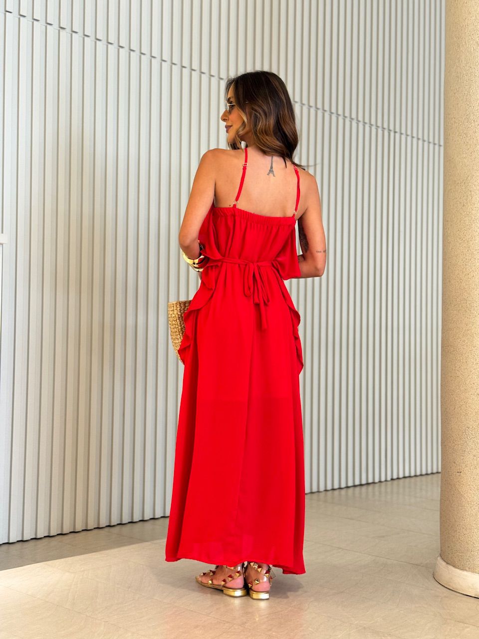VESTIDO CELINE BABADO LONGO VERMELHO