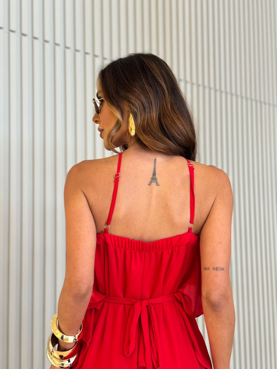 VESTIDO CELINE BABADO LONGO VERMELHO