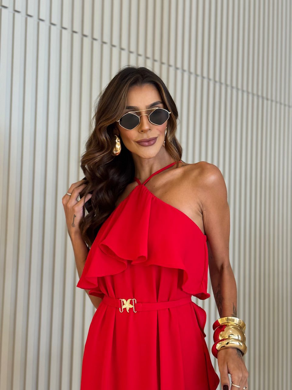 VESTIDO CELINE BABADO LONGO VERMELHO