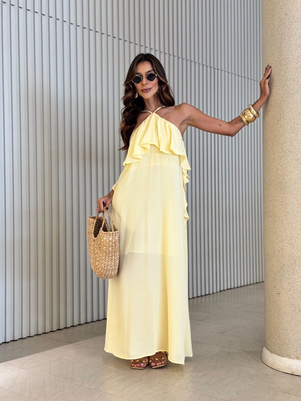 VESTIDO CELINE BABADO LONGO YELLOW BUTTER