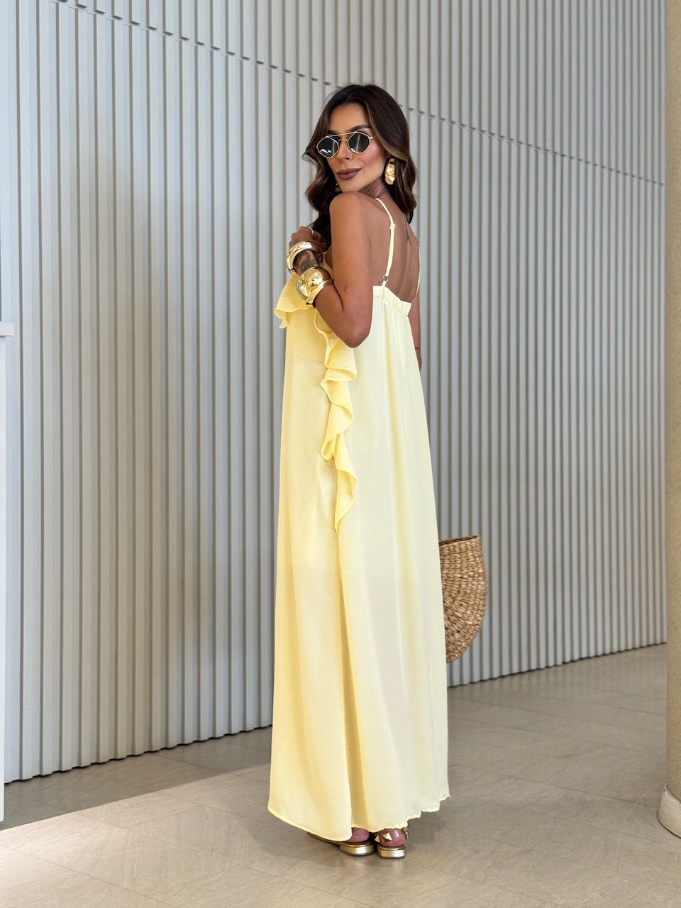 VESTIDO CELINE BABADO LONGO YELLOW BUTTER