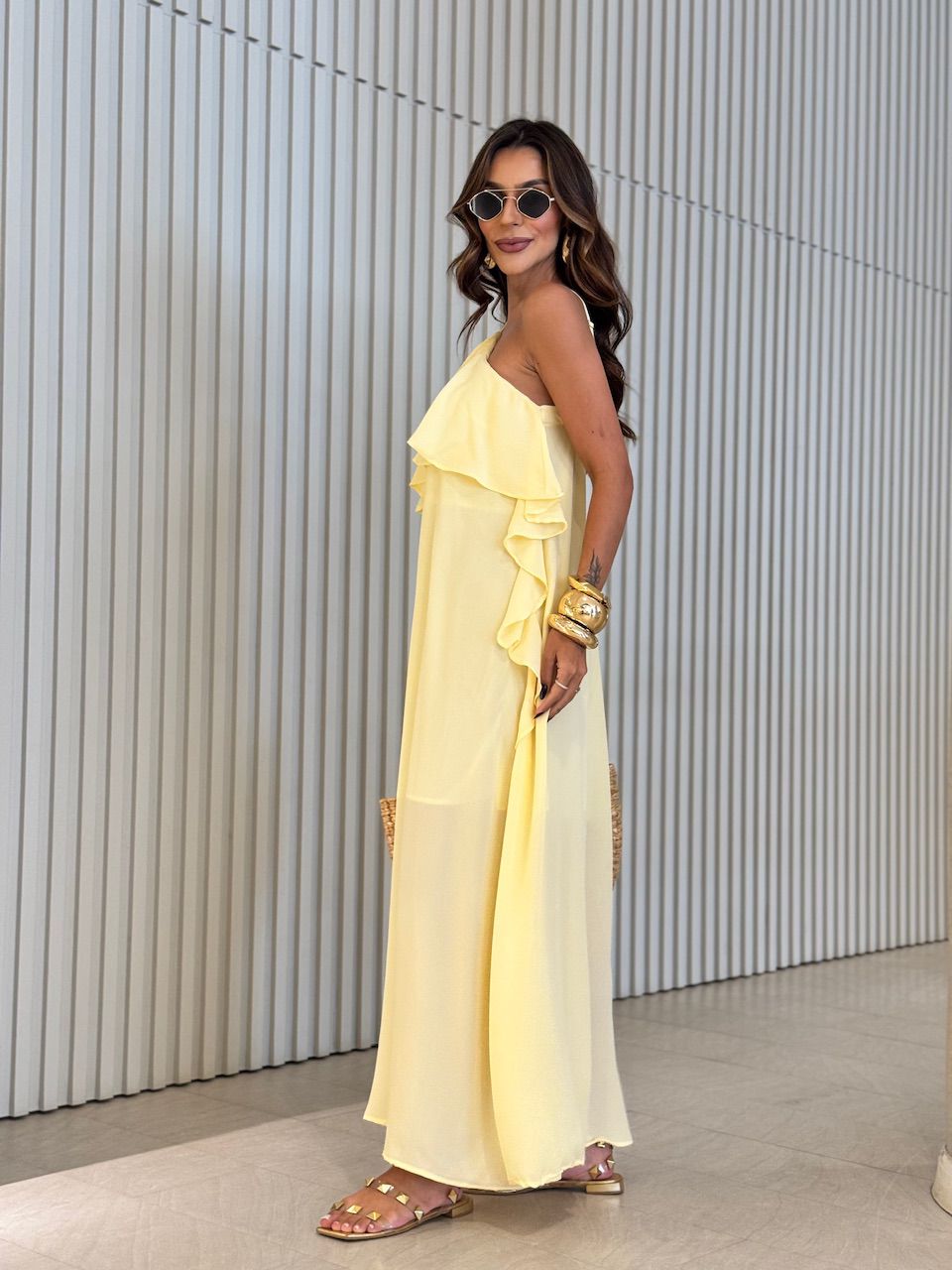 VESTIDO CELINE BABADO LONGO YELLOW BUTTER
