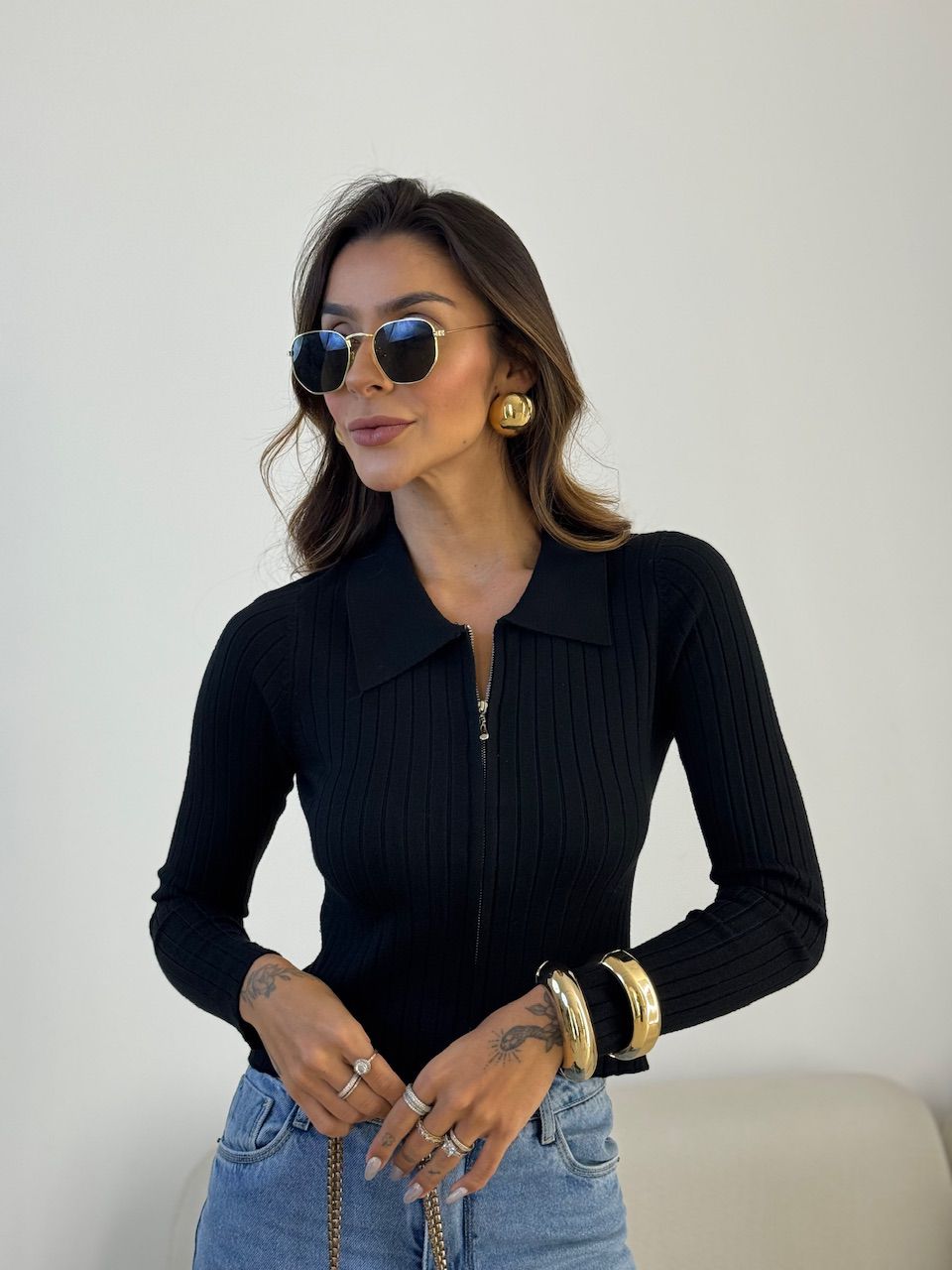 TRICOT DOMINIQUE ZÍPER PRETO - 0075390032 - CAROLLA FERRARO