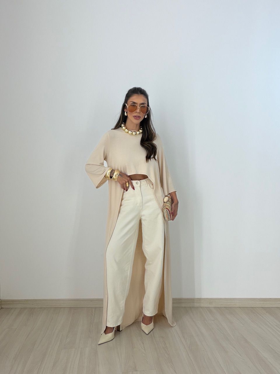 BLUSA JULIANA ASSIMÉTRICA ALONGADA AREIA