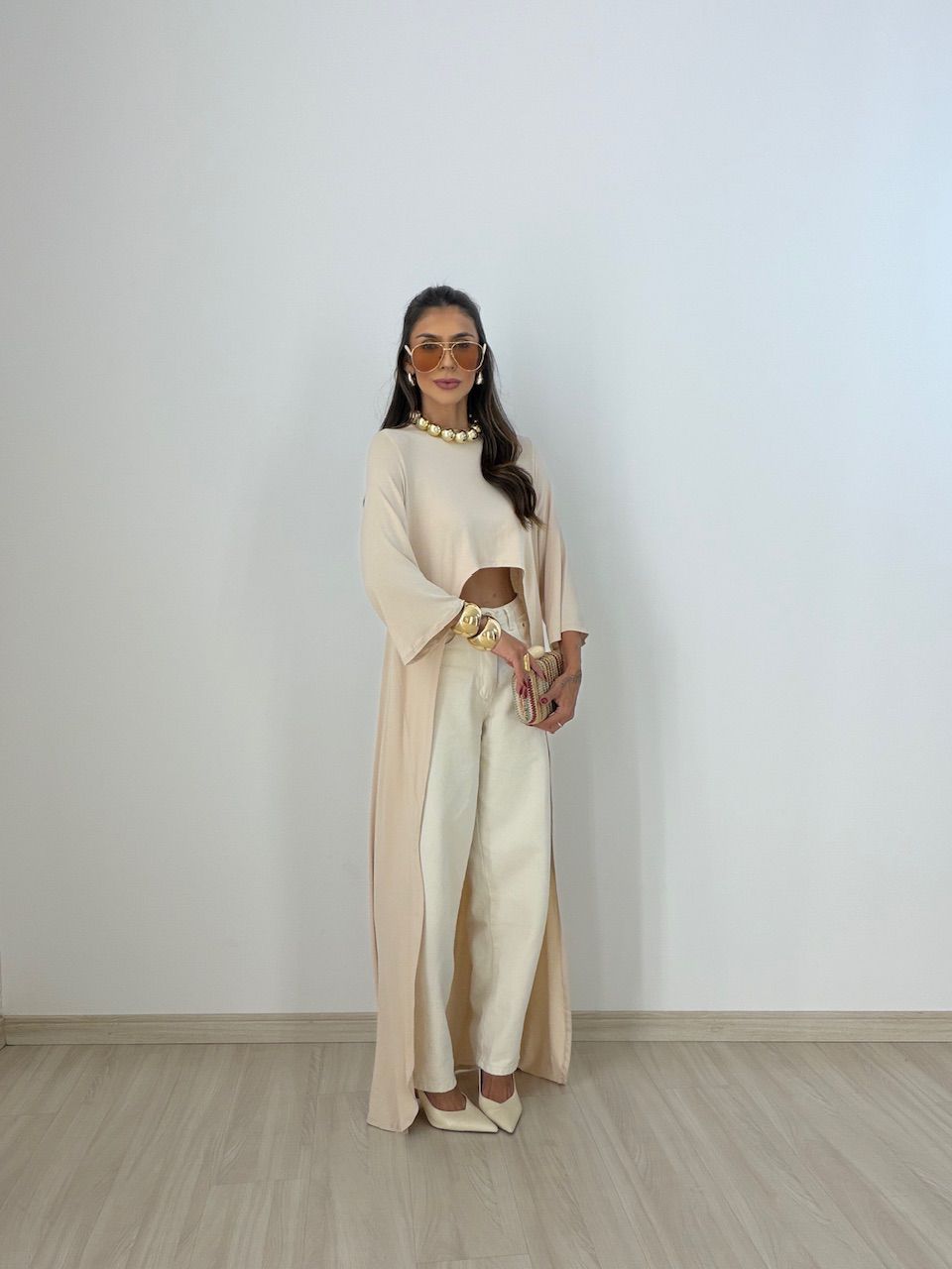 BLUSA JULIANA ASSIMÉTRICA ALONGADA AREIA
