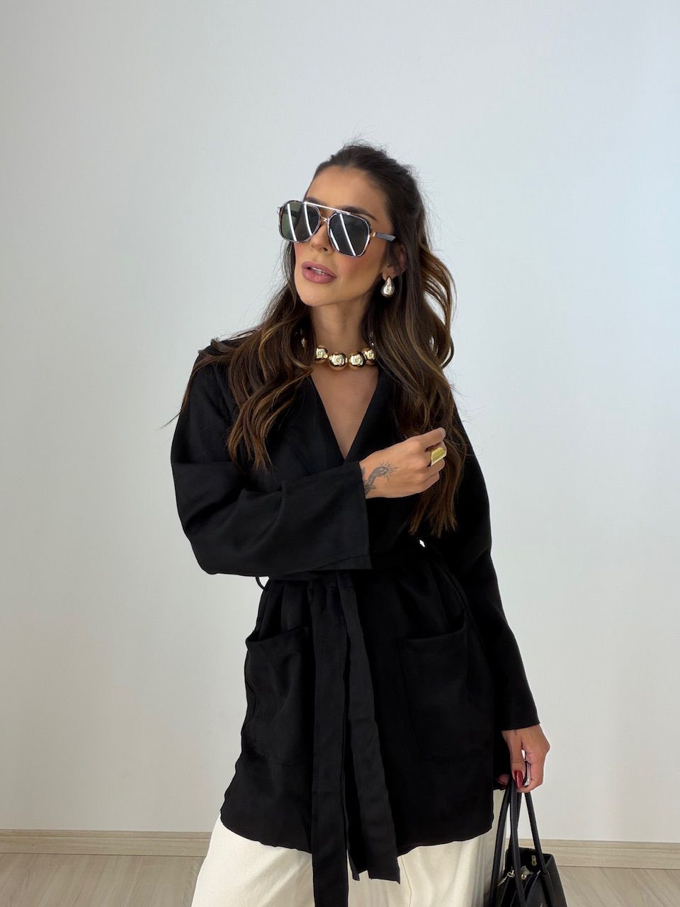 CASACO HELENA CHAMOIS PRETO - 0077740032 - CAROLLA FERRARO