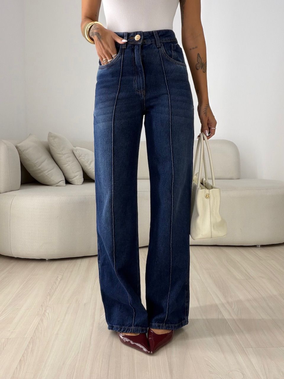 CALÇA VERÔNICA WIDE LEG JEANS ESCURO - 0078550070 - CAROLLA FERRARO