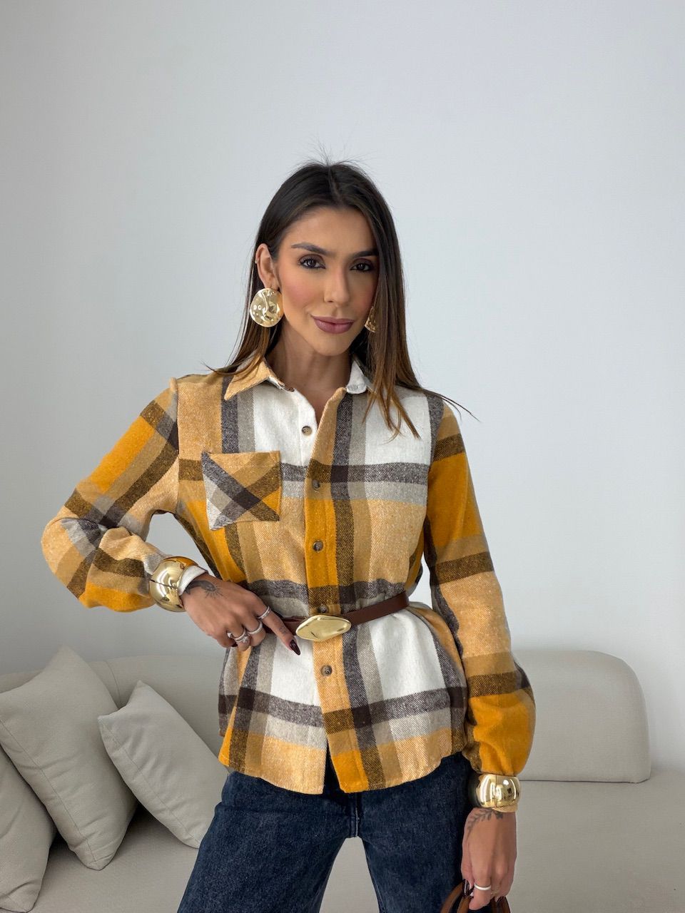 CAMISA SOLANGE XADREZ AMARELA - 0078570112 - CAROLLA FERRARO