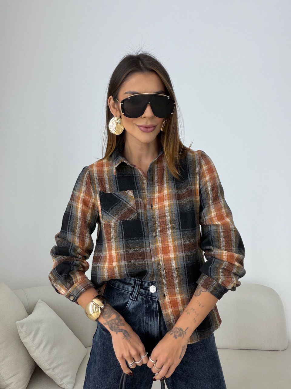 CAMISA SOLANGE XADREZ MARROM - 0078570054 - CAROLLA FERRARO