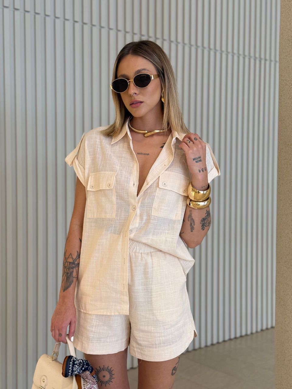 CONJUNTO MARIA ALICE CAMISA SHORT AREIA