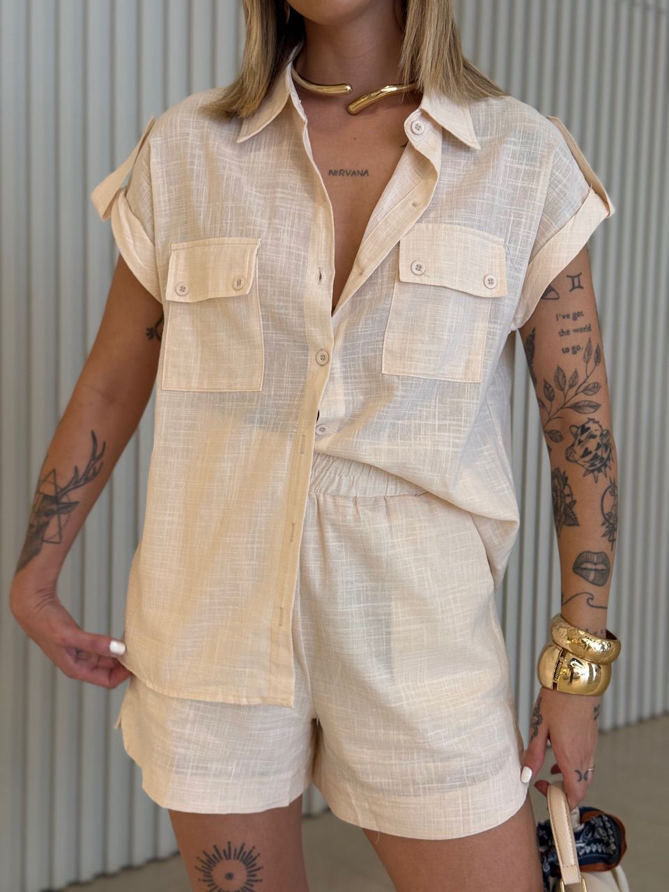 CONJUNTO MARIA ALICE CAMISA SHORT AREIA