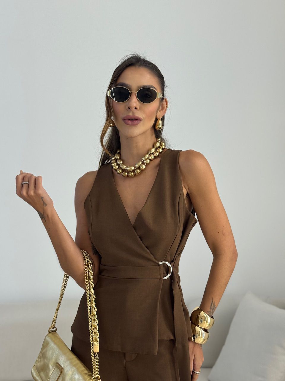 CONJUNTO MARIANGELA COLETE CALÇA MARROM