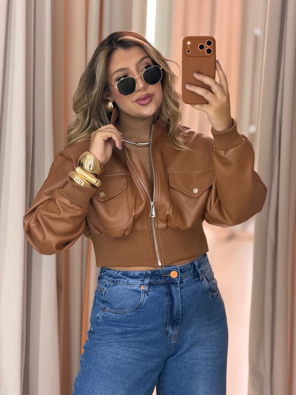 JAQUETA BÁRBARA COURO FAKE CARAMELO