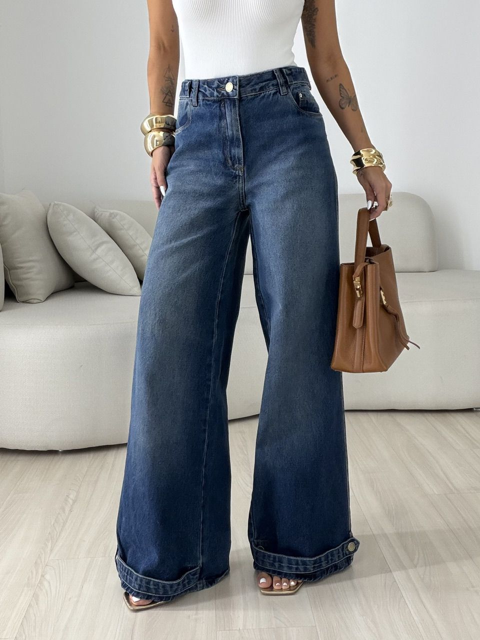 Calça Olivia Wide Leg Jeans Escuro - 0080490070 - CAROLLA FERRARO