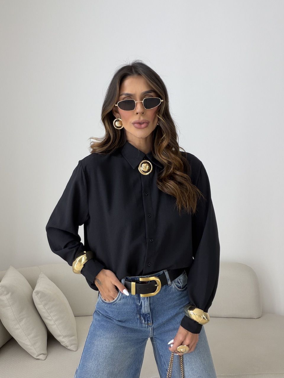 Camisa Talita Crepe Preta - 0080440033 - CAROLLA FERRARO