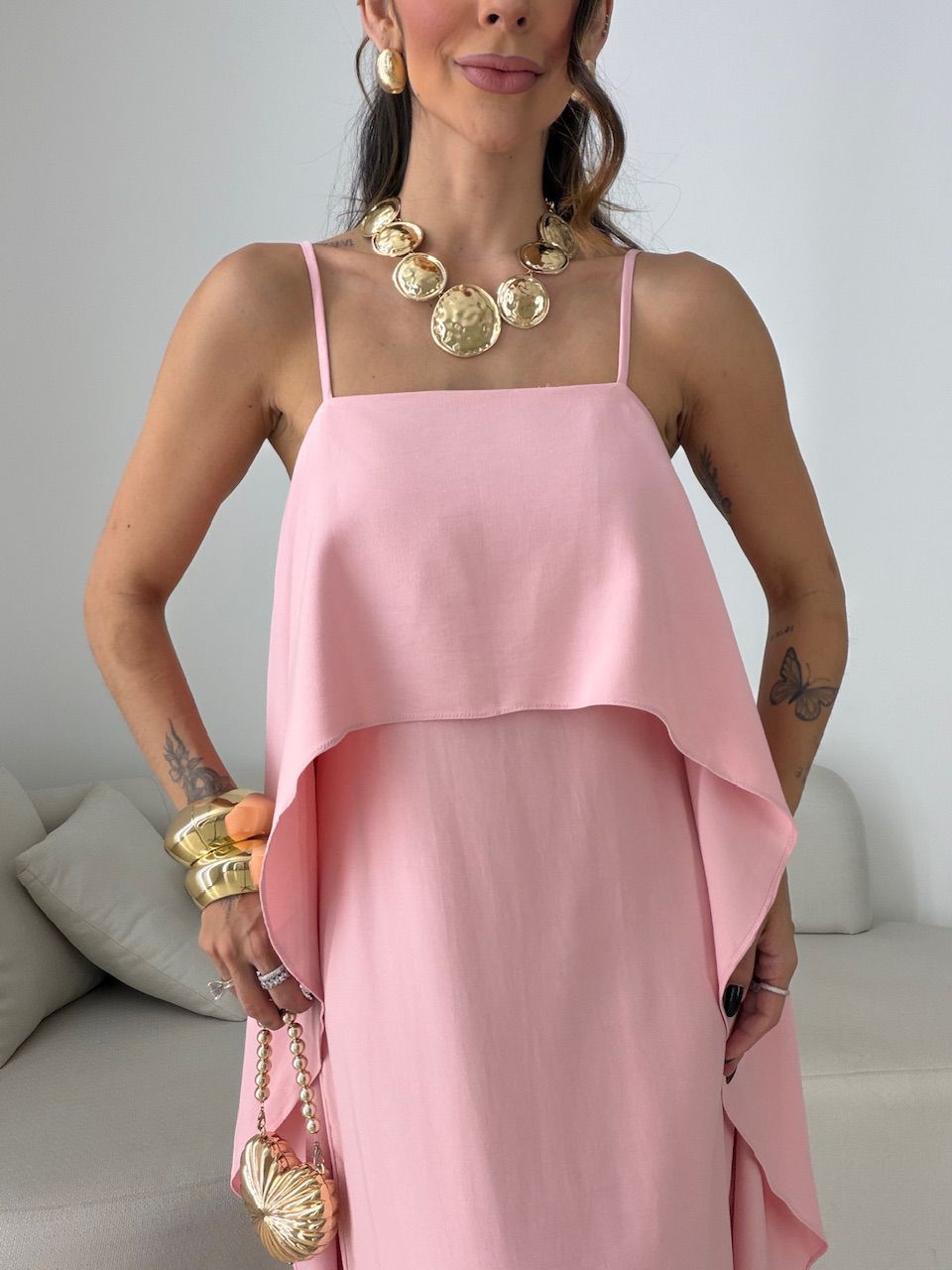 Vestido Yara Babados Rosa