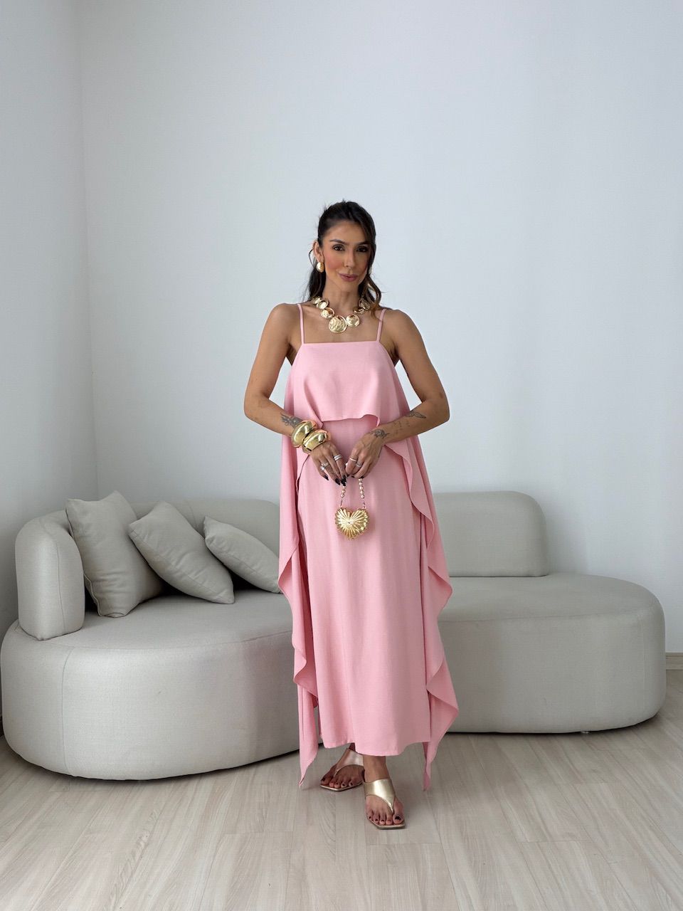 Vestido Yara Babados Rosa