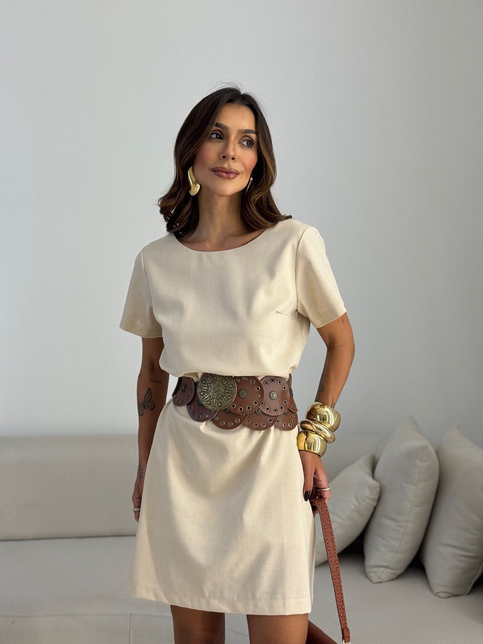 VESTIDO MAYA MANGA CURTA AREIA