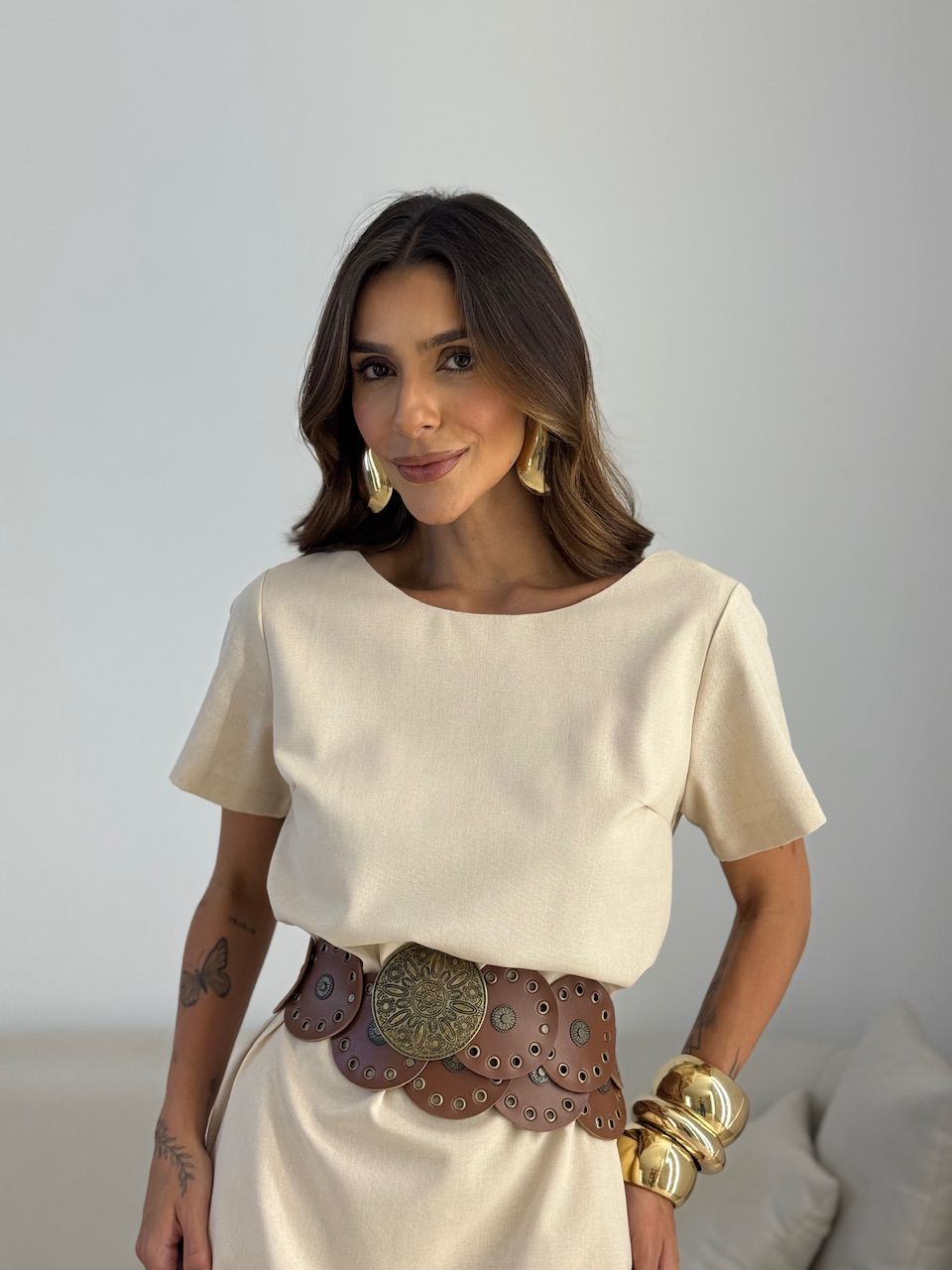 VESTIDO MAYA MANGA CURTA AREIA