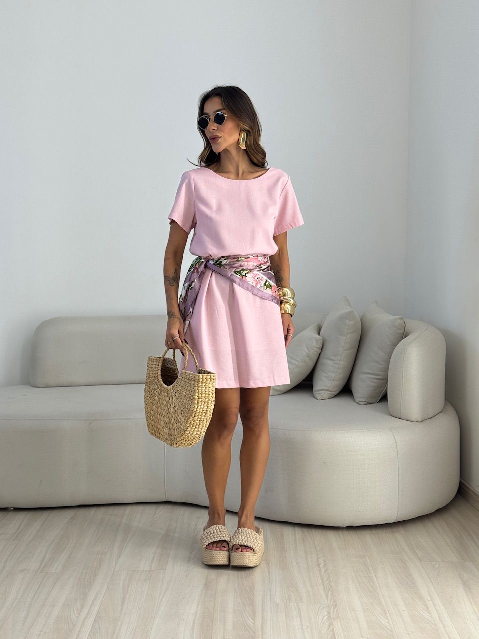 VESTIDO MAYA MANGA CURTA ROSA - 0073450031 - CAROLLA FERRARO