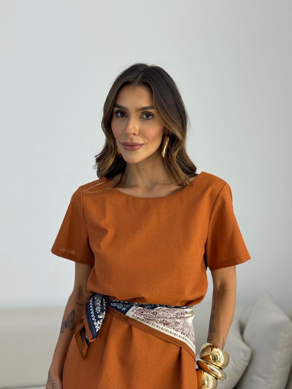 VESTIDO MAYA MANGA CURTA TELHA