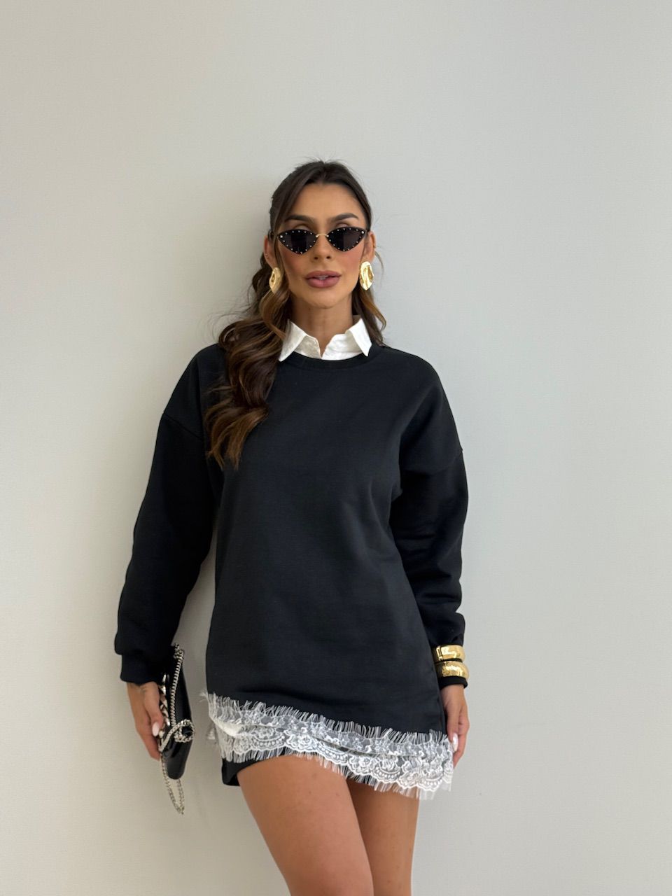 MOLETOM MARIANA RENDA PRETO/OFF - 0076860256 - CAROLLA FERRARO