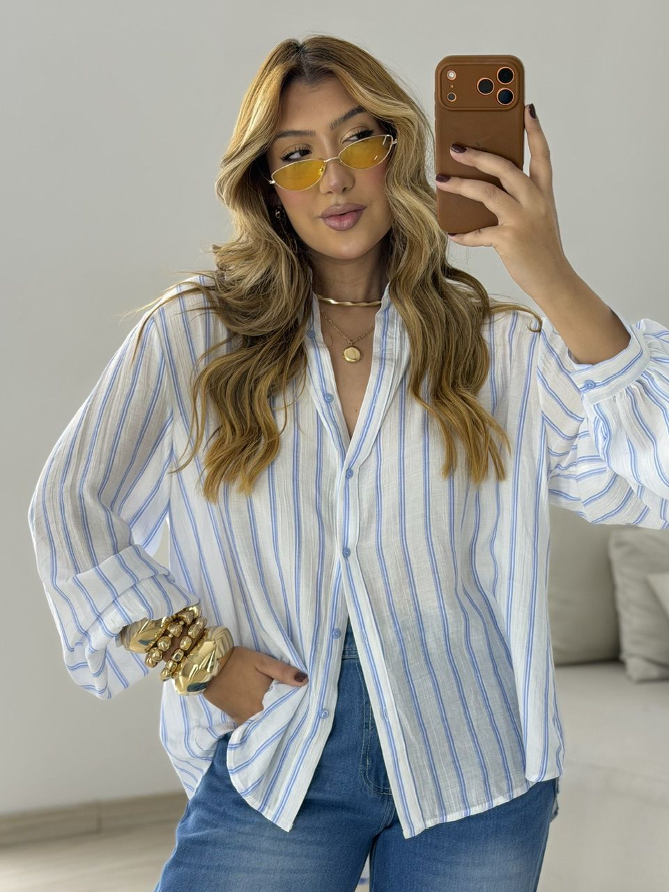 CAMISA ANA LAURA LISTRAS AZUL - 0079390109 - CAROLLA FERRARO