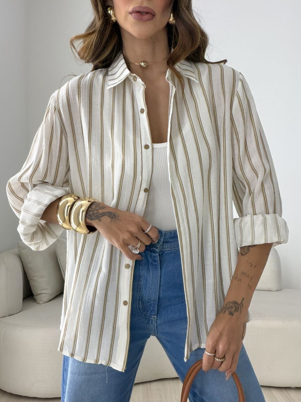 CAMISA ANA LAURA LISTRAS CARAMELO