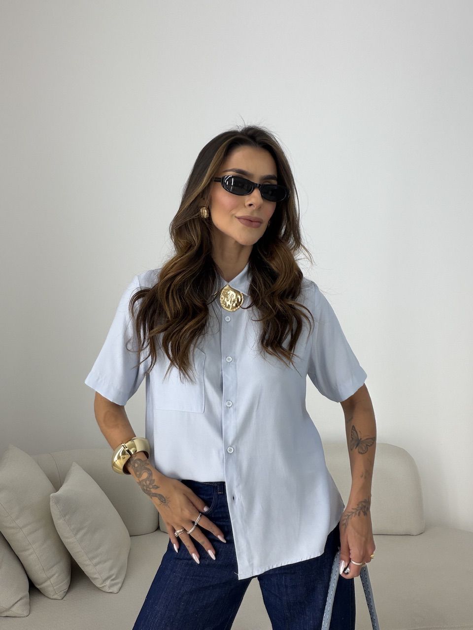CAMISA ROBERTA MANGA 3/4 AZUL - 0079410109 - CAROLLA FERRARO