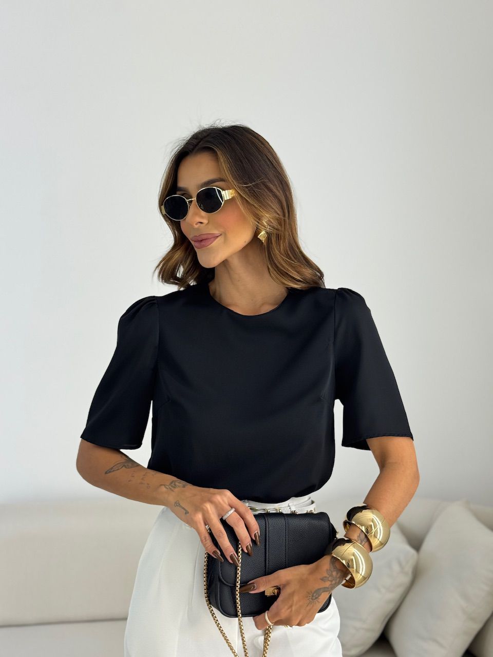 BLUSA MARIA LAURA MANGA CURTA Preta