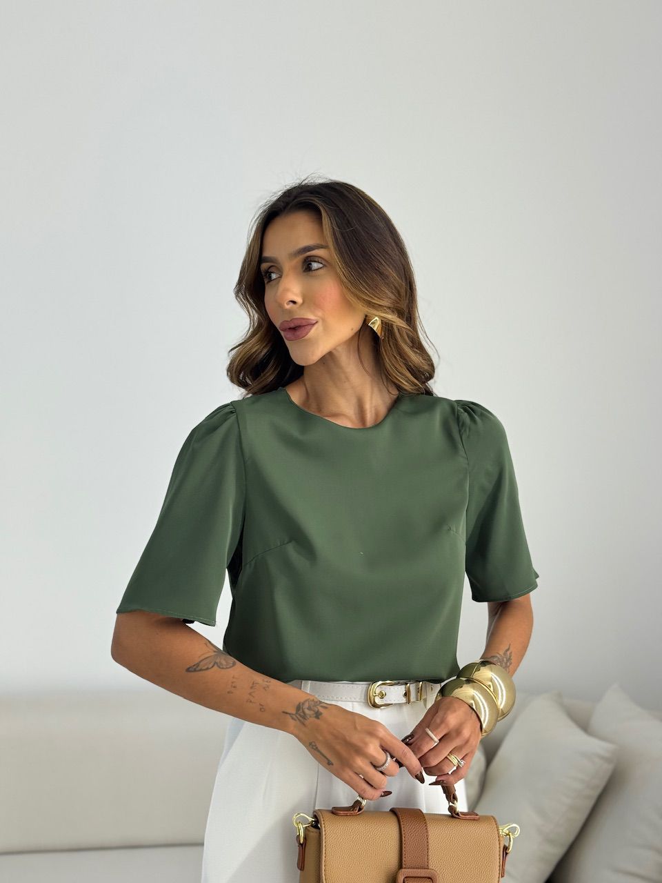 BLUSA MARIA LAURA MANGA CURTA VERDE