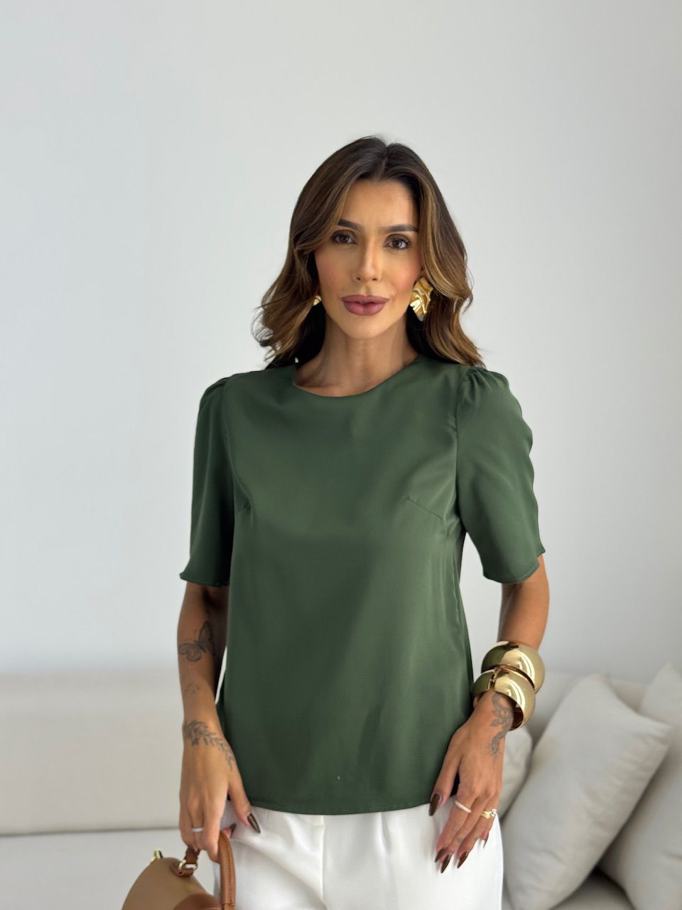 BLUSA MARIA LAURA MANGA CURTA VERDE