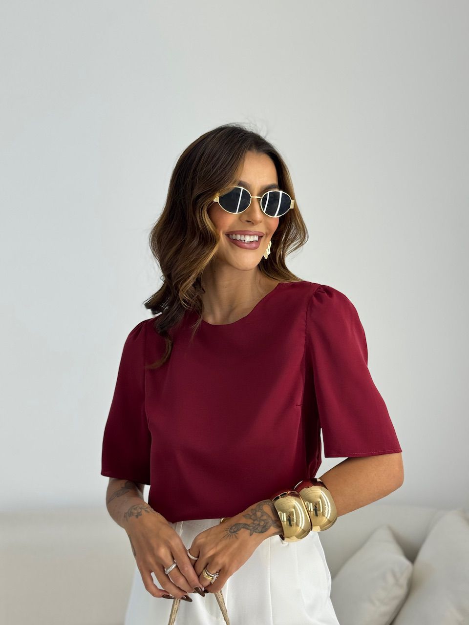 BLUSA MARIA LAURA MANGA CURTA VINHO