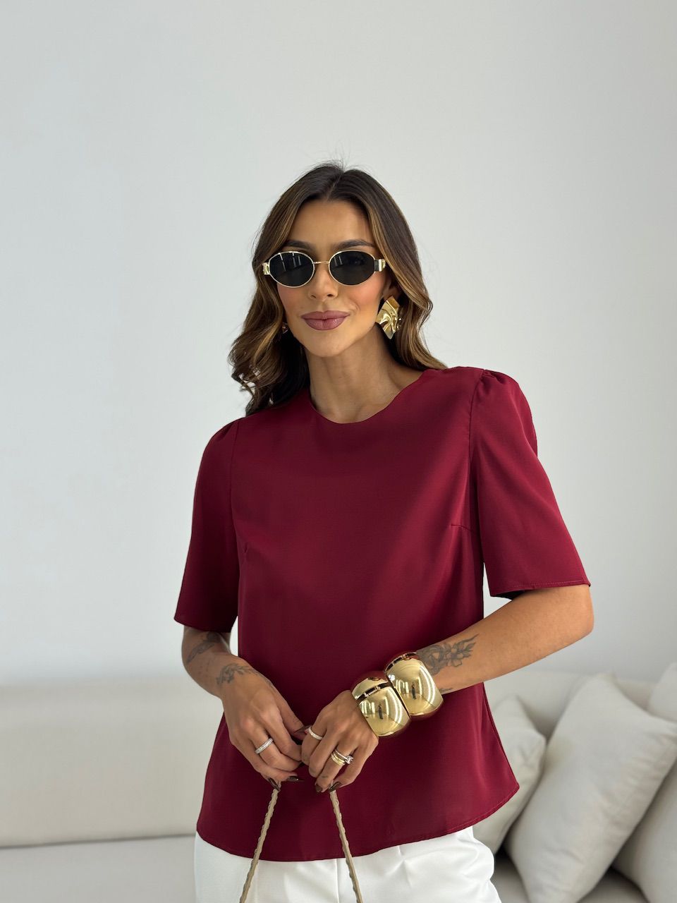 BLUSA MARIA LAURA MANGA CURTA VINHO