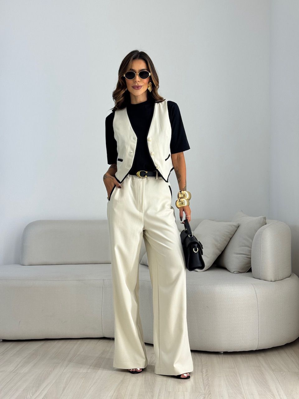 CONJUNTO ANA MARA COLETE CALÇA AREIA