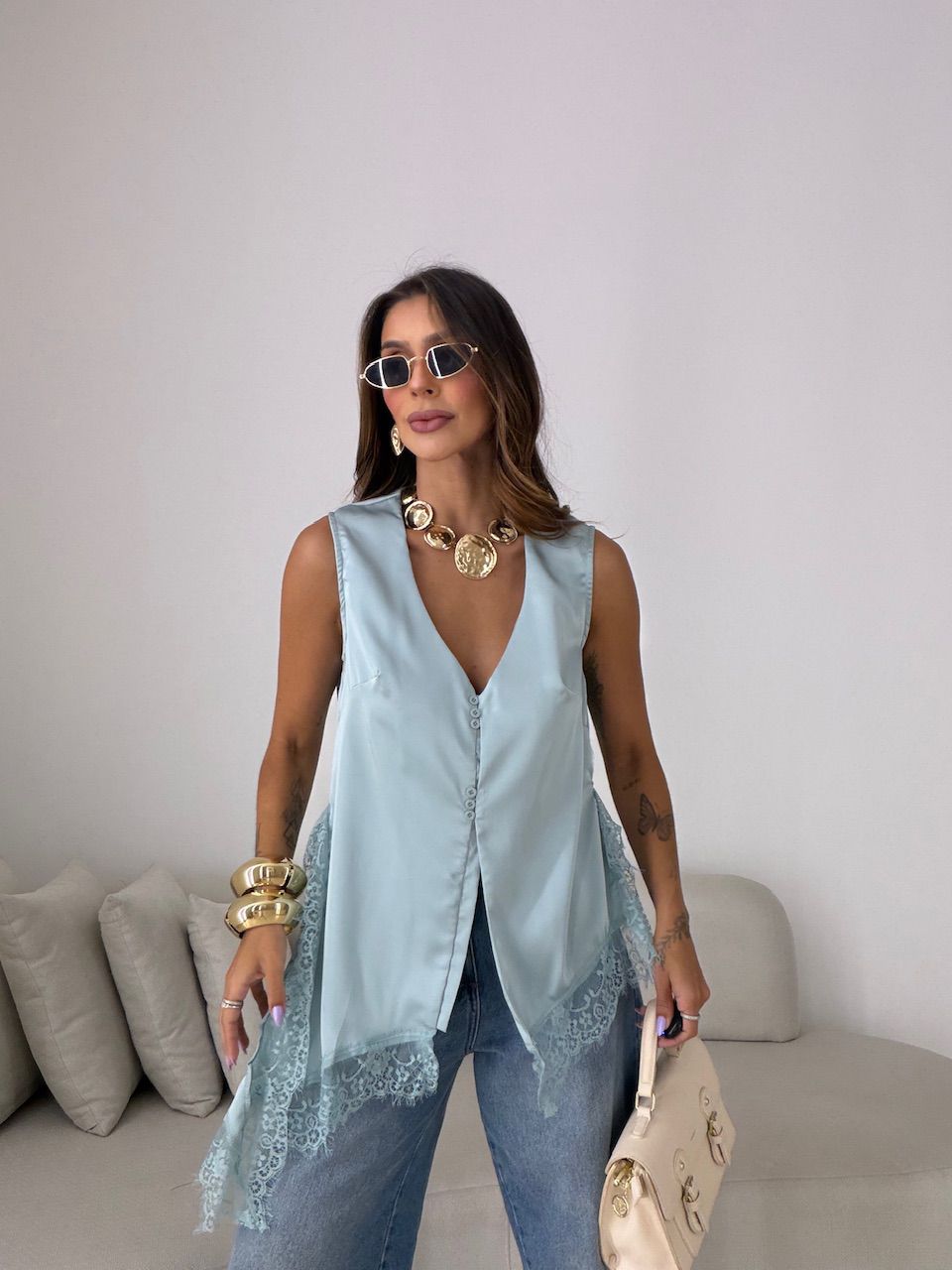 BLUSA LUNA RENDA ASSIMÉTRICA AZUL - 0082690109 - CAROLLA FERRARO