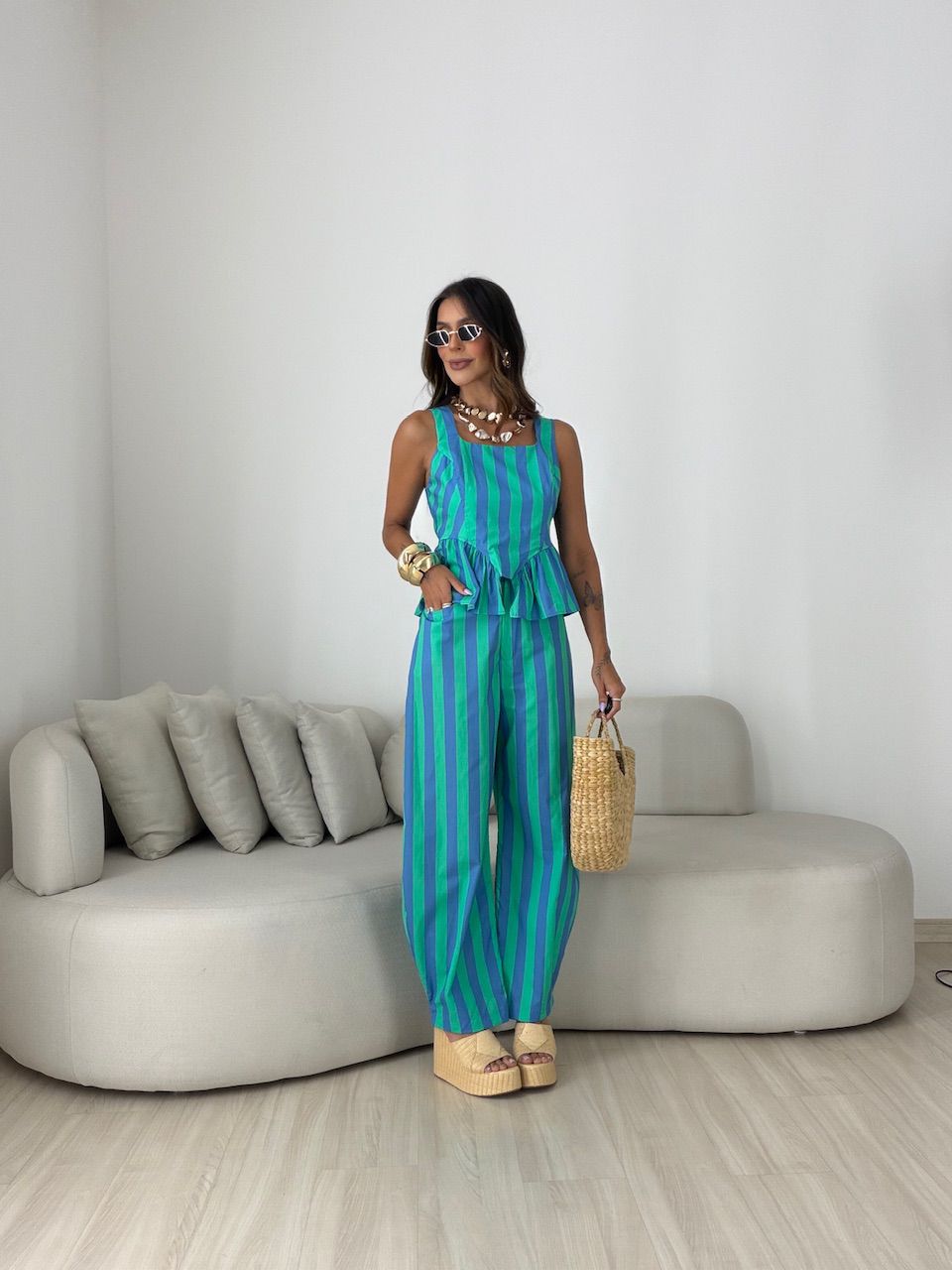 CONJUNTO TAMARA LISTRADO VERDE/AZUL - 0082600206 - CAROLLA FERRARO