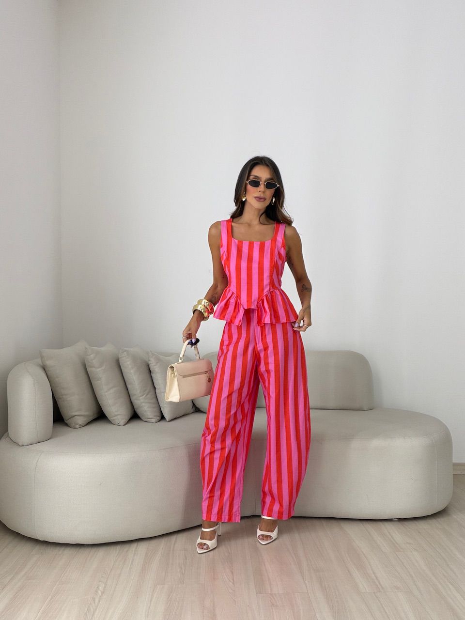 CONJUNTO TAMARA LISTRADO VERMELHO/ROSA - 008260046 - CAROLLA FERRARO