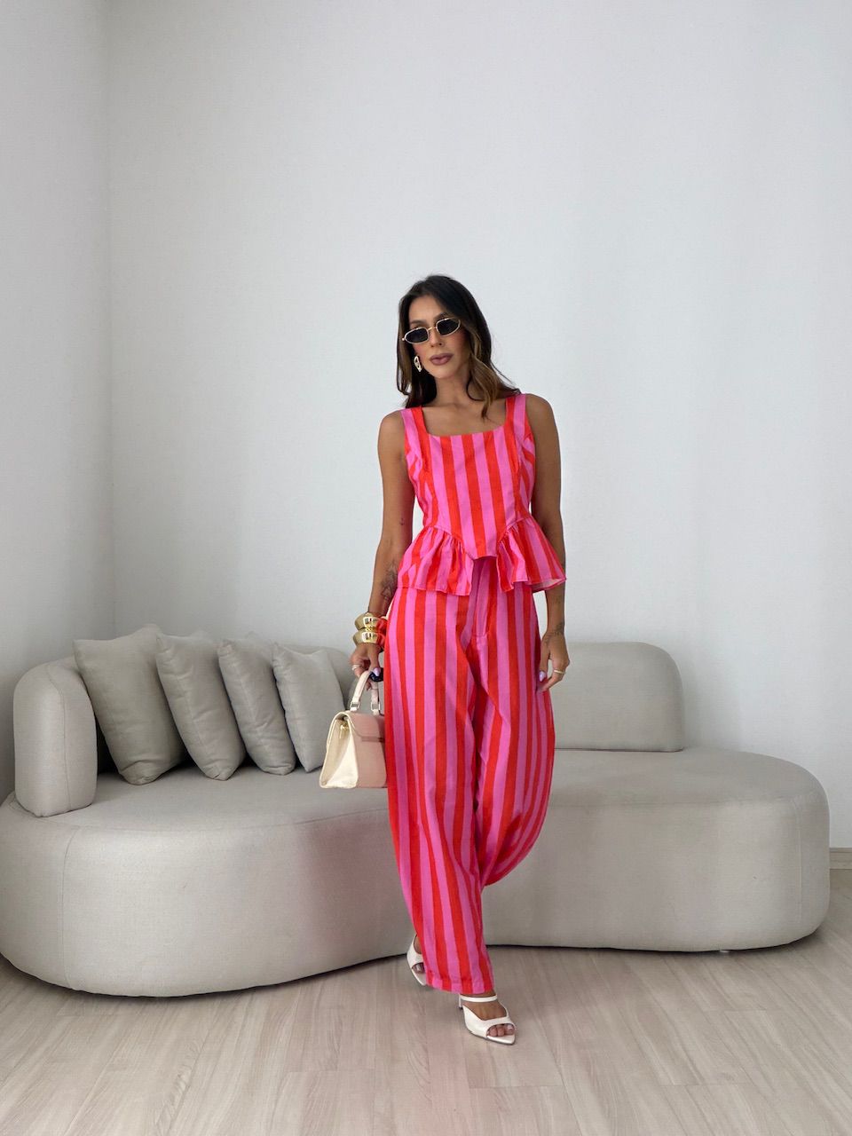 CONJUNTO TAMARA LISTRADO VERMELHO/ROSA