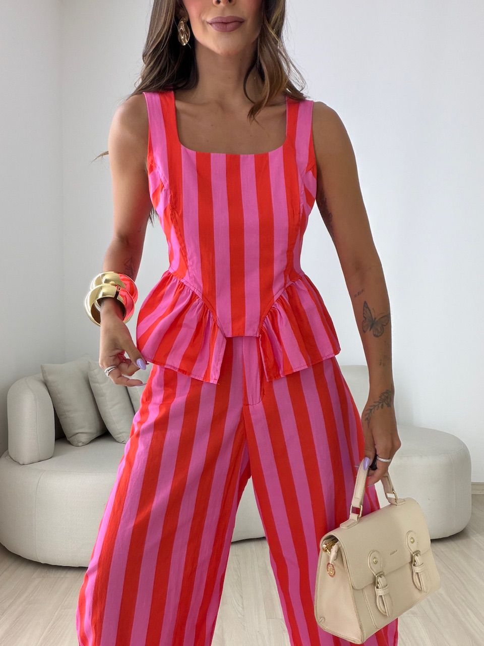 CONJUNTO TAMARA LISTRADO VERMELHO/ROSA
