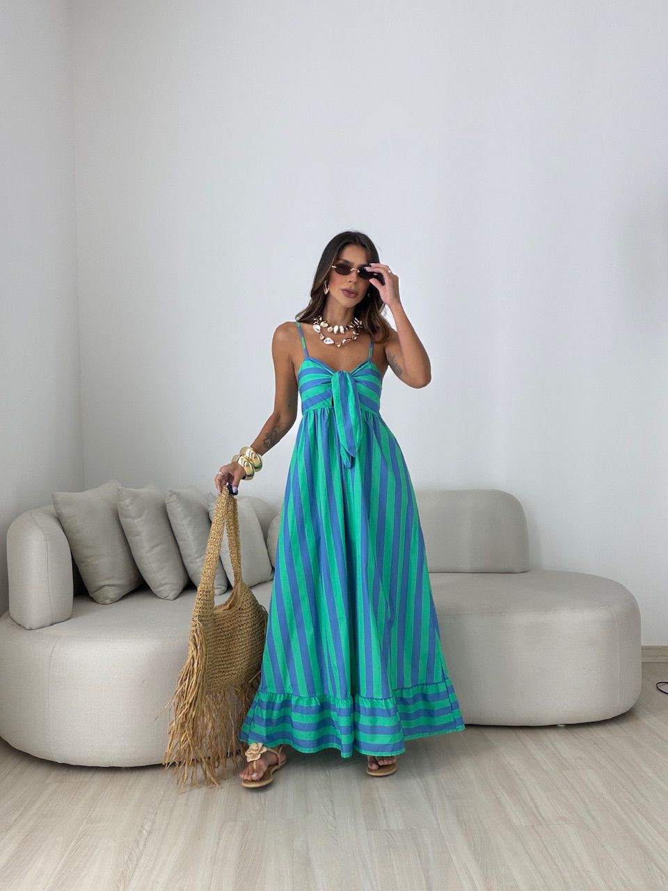 VESTIDO YASMIN LISTRADO VERDE/AZUL - 0082590206 - CAROLLA FERRARO