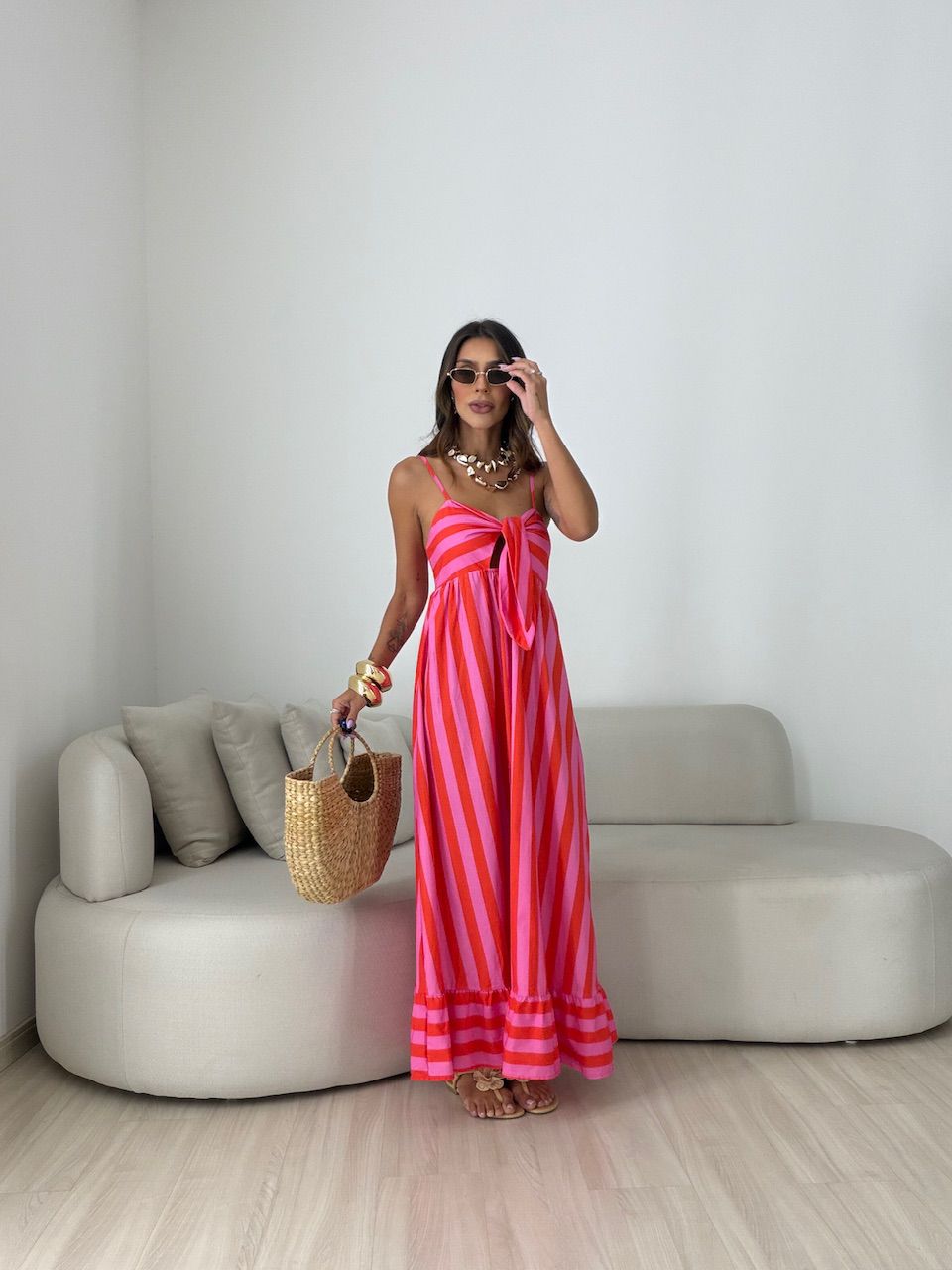 VESTIDO YASMIN LISTRADO VERMELHO/ROSA - 0082590460 - CAROLLA FERRARO