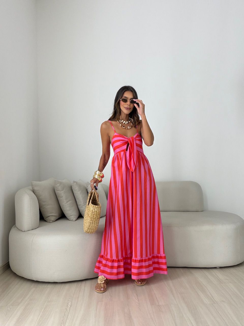 VESTIDO YASMIN LISTRADO VERMELHO/ROSA