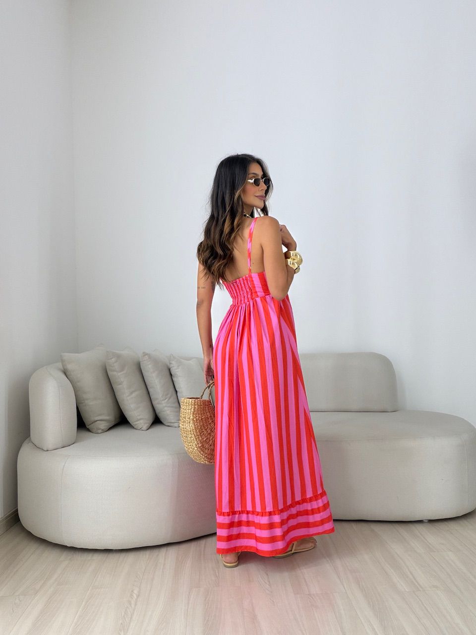 VESTIDO YASMIN LISTRADO VERMELHO/ROSA