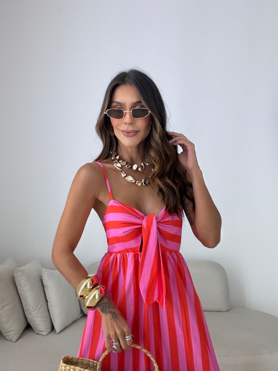 VESTIDO YASMIN LISTRADO VERMELHO/ROSA