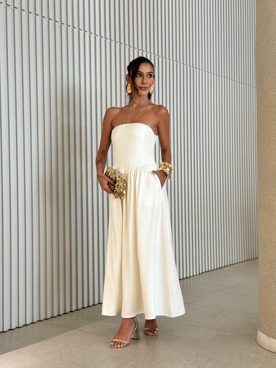 VESTIDO ANASTACIA LASTEX MARFIM