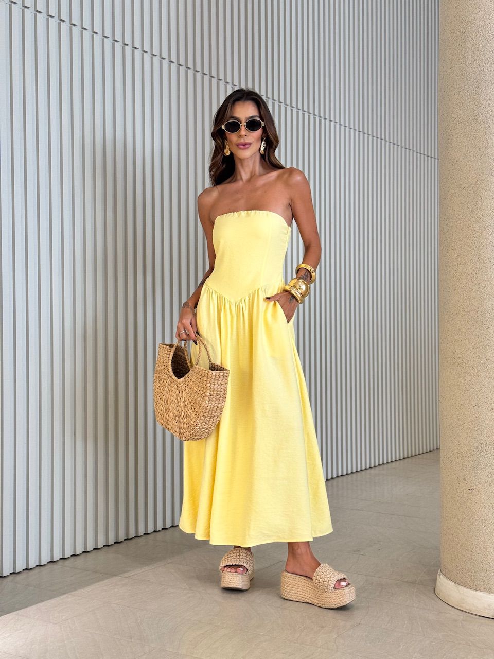 VESTIDO ANASTACIA LASTEX YELLOW BUTTER - 007175043 - CAROLLA FERRARO