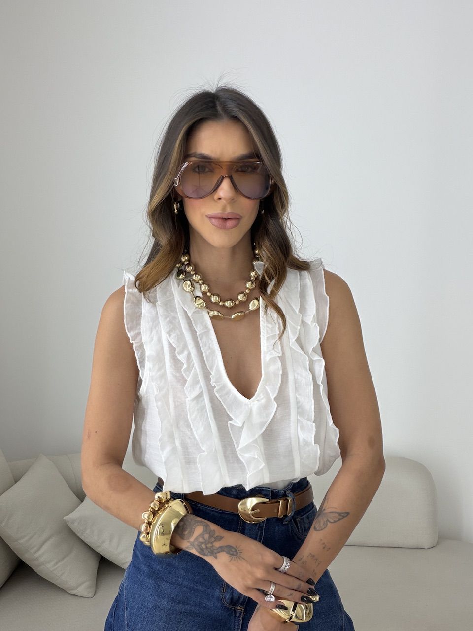 BLUSA CLARICE BABADOS OFF - 0080180048 - CAROLLA FERRARO