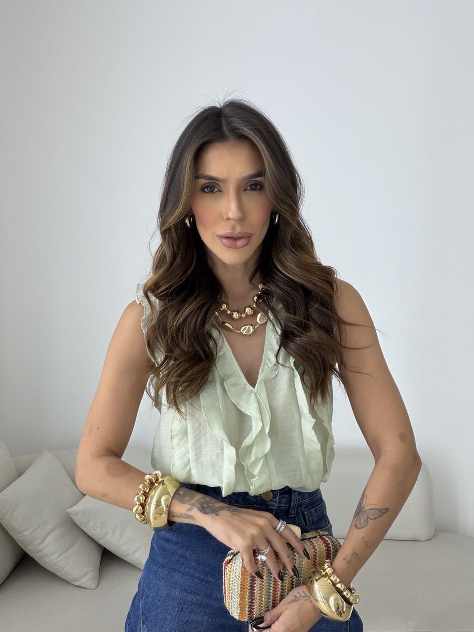 BLUSA CLARICE BABADOS VERDE - 0080180230 - CAROLLA FERRARO